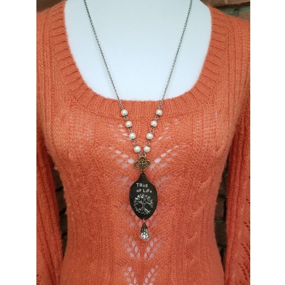 Necklace. Vintage Spoon Style. Tree of Life. Pearl & Silver Chain.